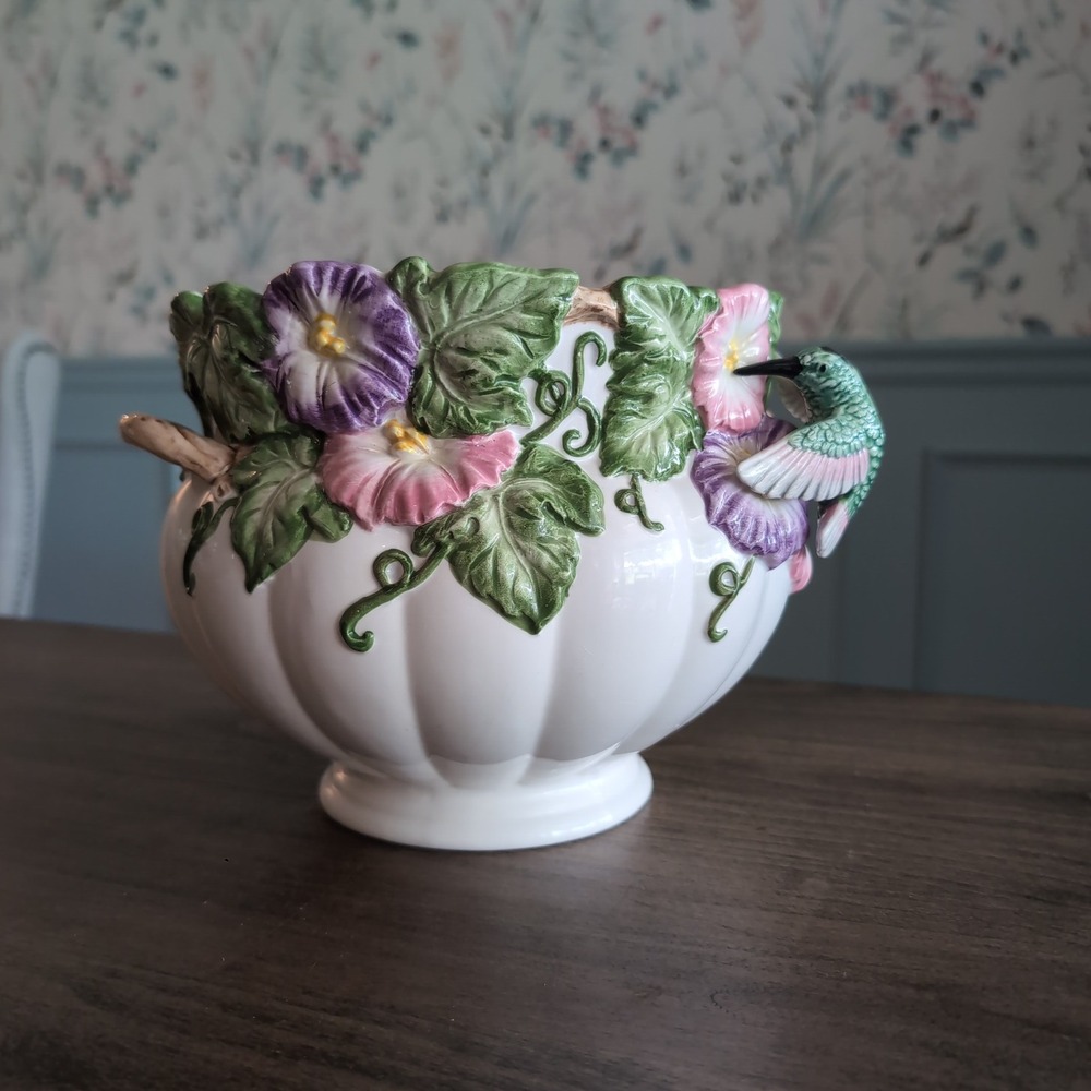 Vintage Fitz & Floyd 1993 Hummingbird Morning Glory Planter Vase Cachepot 7"